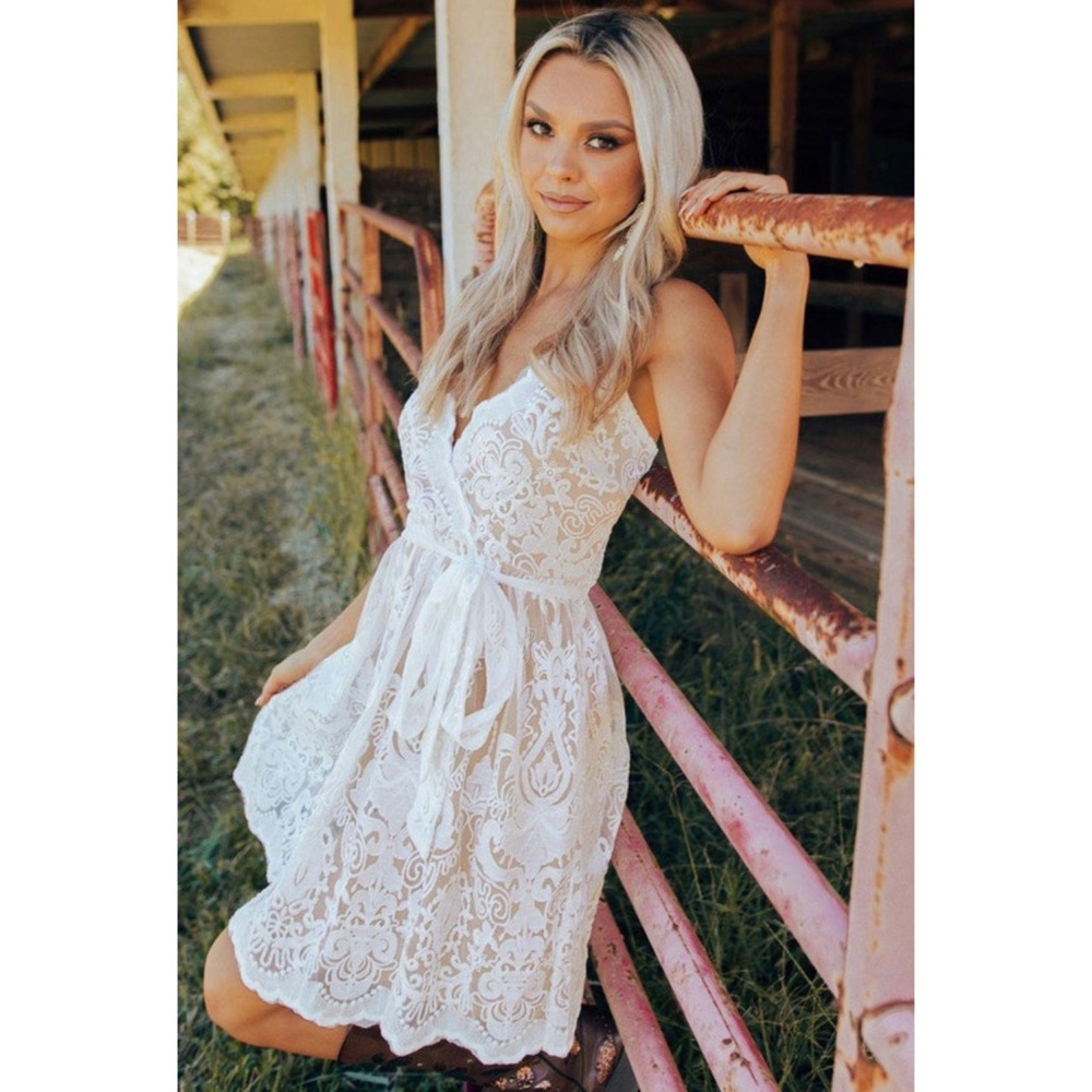 White Lace Mini Dress with Waist Tie